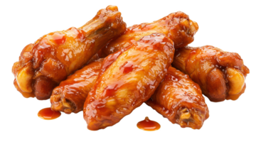 A pile of glazed chicken wings with a sticky sauce on a transparent background close up shot png