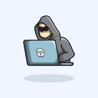 hacker attack showing a hooded figure in front of a computer with digital code elements Scalable and editable format for various digital uses vector
