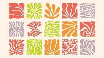 seamless pattern with groovy minimal flowers, stylized leaves and flowing lines, vintage-inspired vacation theme, surface design template vector