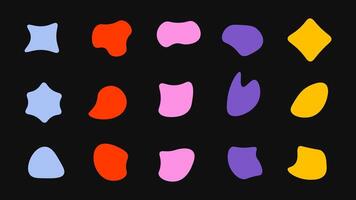 Abstract set. Quirky funky shape elements. contemporary colorful Y2K shapes. Free form sticker design elements. Liquid vibrant abstract on black background. Organic freeform pattern vector