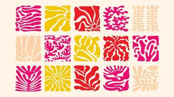 seamless with groovy minimal flowers, stylized leaves and flowing lines, vintage-inspired vacation theme, surface design template vector