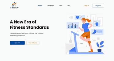 Modern Fitness Web UI Design Female Workout on Treadmill Landing Page vector