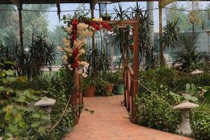 A walkway with flowers and plants in a greenhouse photo