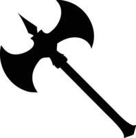 A fearsome battle axe with dual blades is displayed in stark black silhouette vector