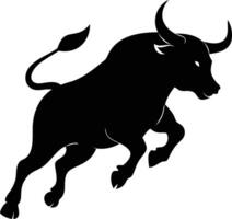 A fierce bull leaps powerfully, displaying sharp horns in a strong black silhouette vector