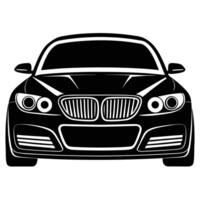 Front view features of a sleek black car are meticulously detailed in monochrome vector