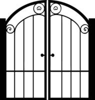 Intricate black iron gate features a beautiful arched top and classic scroll details vector