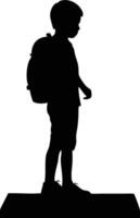 A thoughtful schoolboy with a backpack standing on a block is visible in black vector
