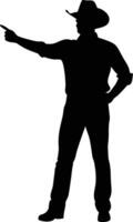 Silhouette reveals a standing cowboy in a hat pointing toward something in the distance vector