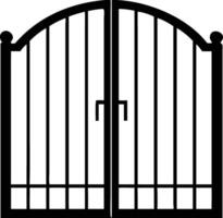 Ornamental gate is closed with arched frame and ball finials in black silhouette vector