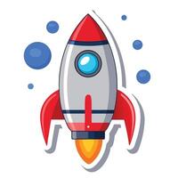 Cartoon Rocket Flying in Space with Blue Planetoids vector
