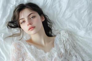 A Woman Lying in White Lace Fabric photo