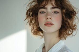 Close-up Portrait of a Woman with Curly Brown Hair and Freckles photo