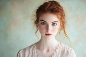 Portrait of a Young Woman with Red Hair and Freckles photo