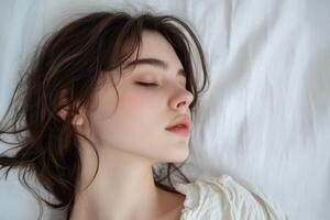 Portrait of a Young Woman with Closed Eyes, Lying on a White Bed photo