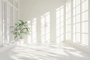 A single potted plant in a white room with large windows and sunbeams photo