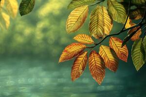 Golden Autumn Leaves Over a Tranquil Water Surface photo