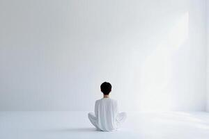 A Person in White Clothing Sits in a White Room photo