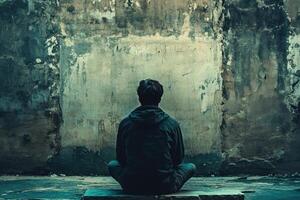 A Solitary Figure Contemplating a Weathered Wall photo