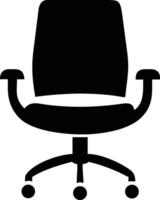 A solid black office chair with armrests and rolling wheels sits centered in frame vector
