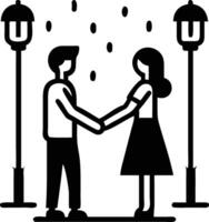 Two silhouetted figures join hands under streetlights, embodying a romantic evening encounter vector