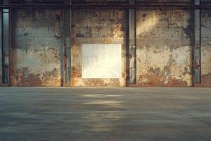 A White Blank Canvas Against a Weathered Brick Wall in an Industrial Setting photo
