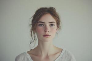 A Young Woman with Freckles and Green Eyes Looks Directly at the Camera photo