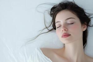 Woman with closed eyes lying on white sheets photo