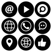 Black Circle Icon Set with Email, Play, Chat, Globe vector