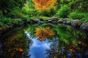 Tranquil Forest Pond Reflecting Autumn Foliage photo