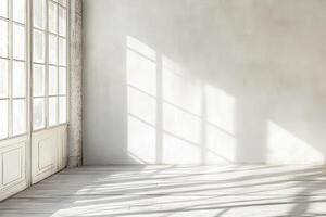 Sunlit Room with White Walls and Wooden Floor photo