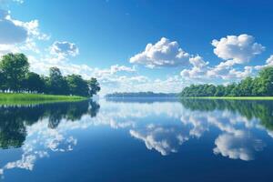 Tranquil Lake Reflecting Clouds and Green Trees photo