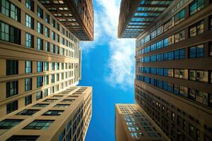 Upward View of Skyscrapers Reaching for a Blue Sky with Clouds photo