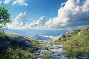 A Stone Path Leading to a Mountain View with a Blue Sky and Fluffy Clouds photo