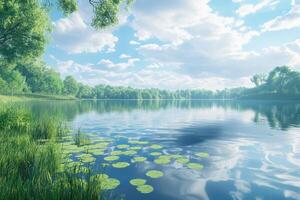 Tranquil Pond with Water Lilies and Reflecting Sky photo