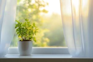 A potted plant on a windowsill with sunlight streaming through sheer curtains. photo