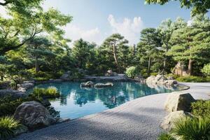Tranquil Pond in a Serene Japanese Garden Setting photo