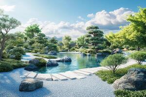 Serene Japanese Garden with Stone Pathway and Pond photo