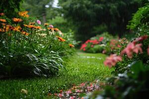 Rain-soaked path through a lush garden with blooming flowers photo