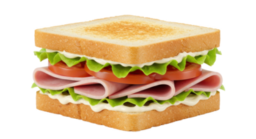 A close up of a sandwich with ham tomato lettuce and mayonnaise on toasted white bread slices png