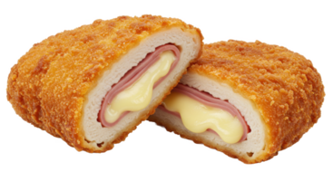 Close up of a cut cordon bleu showing ham and cheese with a crispy breaded exterior sectioned in half png