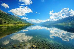 Calm Lake Reflected with Mountains and Clouds photo