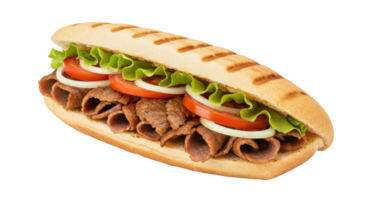Close up of a doner kebab sandwich with lettuce tomato and onion rings on a baguette bun png