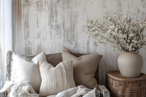 Rustic Wooden Bench with Pillows, Blanket, and White Flowers in a Vase photo