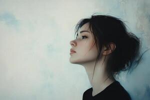 A Woman's Profile Against a Light Blue Background photo