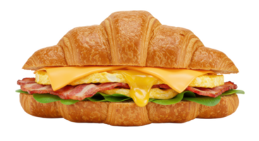 A close up shot of a croissant sandwich filled with bacon egg cheese and green leafy vegetables png