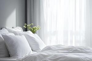 White Bed with Pillows and Flowers by Window photo
