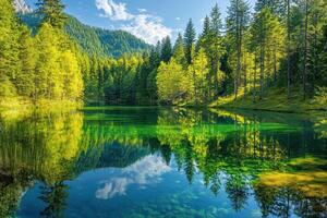 Tranquil Forest Lake with Reflection of Trees and Sky photo