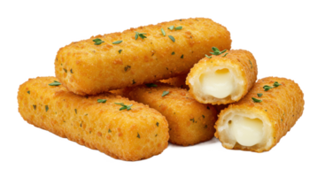 A close up shot of a stack of fried mozzarella sticks with one cut in half showing the cheese inside png