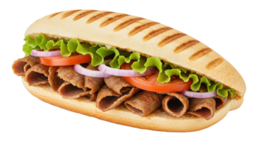 A close up of a kebab sandwich with lettuce tomato and onion in a grilled panini style bread roll png